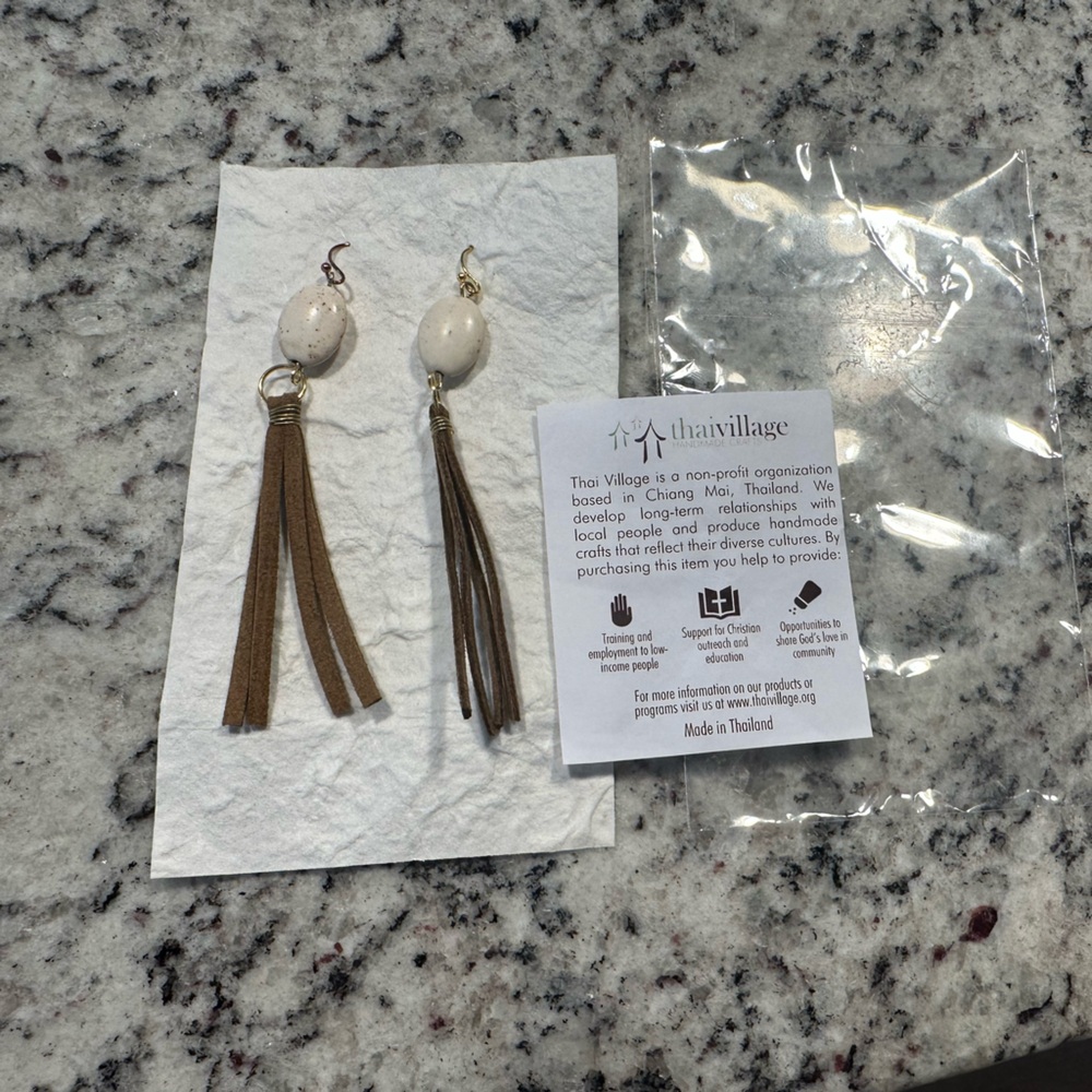 Fair Trade Boho Tassel Earrings | Leather Fringe & Speckled Bead Dangles